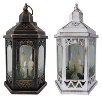 Premier 33cm Flickering Flame Hexagonal Battery Lantern – Elegant Festive Glow in Copper or White