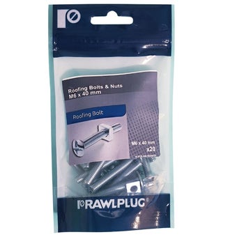 Rawlplugs M6 x 40mm Roofing Bolts with Nuts Zinc Plated Steel I Pack of 20