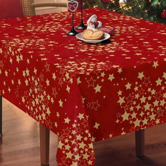 Red and Gold Stars Christmas Oilcloth - Price per metre
