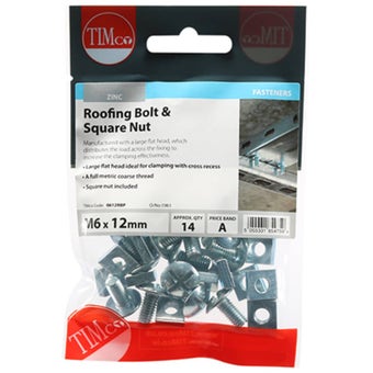 Timco Roofing Bolts & Square Nuts Zinc Plated M6 x 12 – Pack of 14