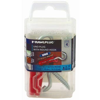 Rawlplug Uno Plug & Screw Red with Round Hook 4.5 x 45mm - 4 Pack