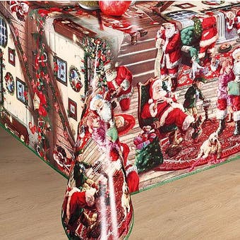 Christmas Oil Cloth Red Santa House