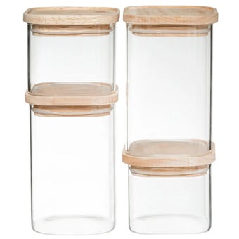 Stackable Glass Jars with Airtight Wooden Lids – 4 Pieces