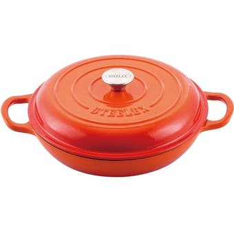 Steelex Bistro 28cm Orange Cast Iron Sauté Pan – 2.73L Shallow Casserole Dish with Self-Basting Lid