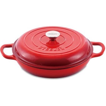 Steelex Bistro 28cm Red Cast Iron Sauté Pan – 2.73L Shallow Casserole Dish with Self-Basting Lid