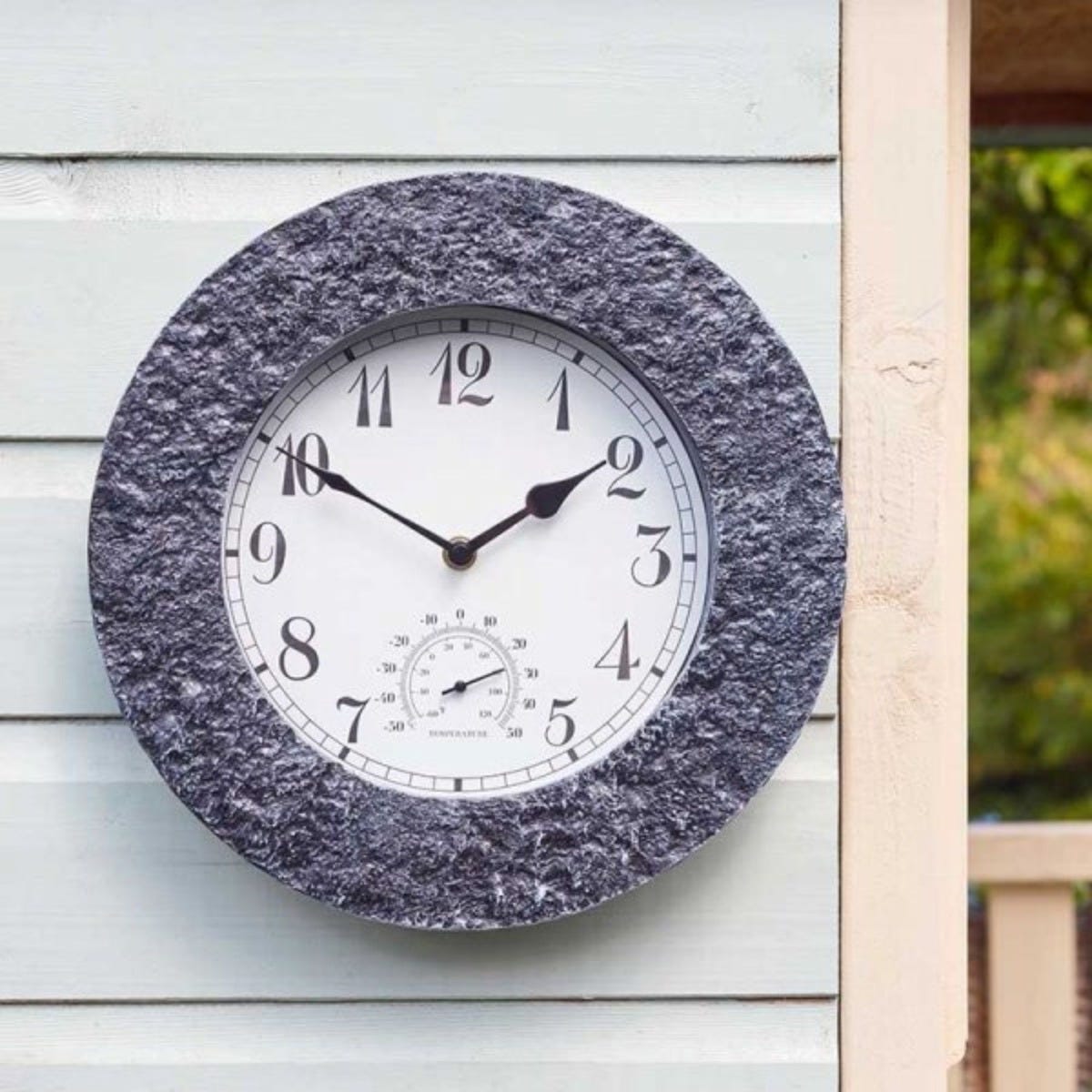Stonegate 12 Inch Granite Effect Wall Clock with Built-In Thermometer for Indoor and Outdoor Use