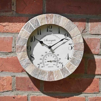 Stonegate Outdoor Wall Clock with Thermometer and Quartz Movement for Garden and Home Use 10 Inch