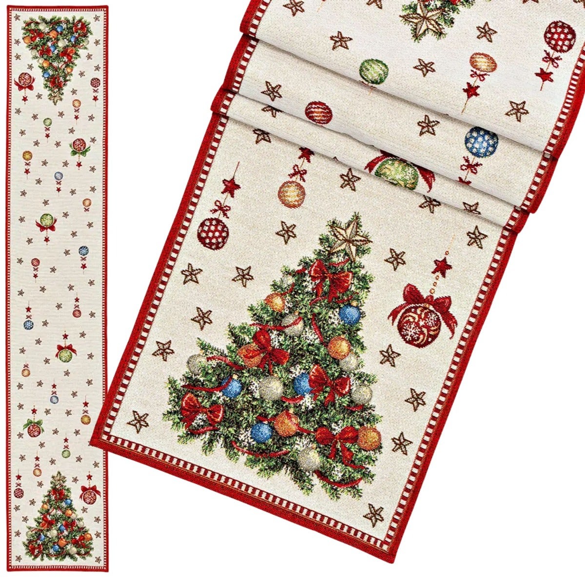 Festive Christmas Tree Table Runner – 183 x 33cm Beige & Red Textile Décor