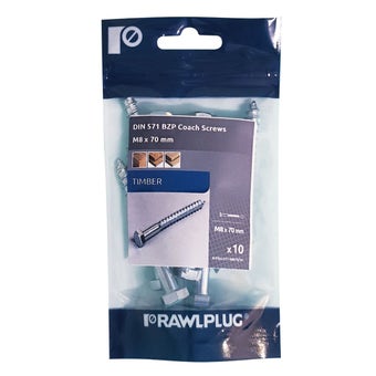 TimberTough M8 x 70mm Coach Screws | Rawlplug 571 BZP for Heavy-Duty Timber Fixing – Pack of 10