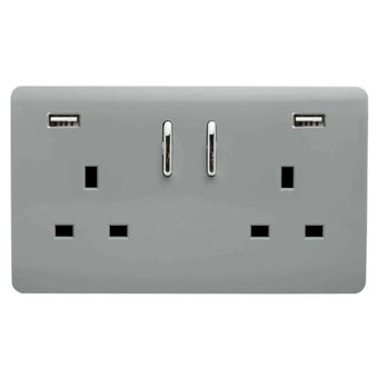 Trendi 13Amp 2 Gang Switched Socket With 2x USB Platinum Silver
