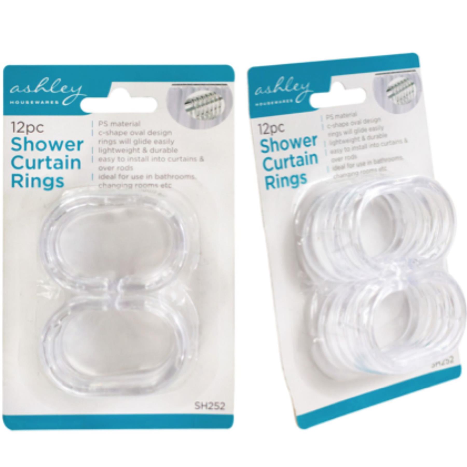 Ashley 12 Piece Shower Curtain Rings – Durable PS Plastic C-Shape Oval Hooks