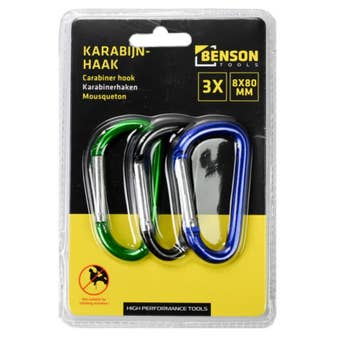 Benson Carabiner Hooks Set 3 Pieces – 8 x 80 mm Multi-Purpose Steel Clips for Hanging and Securing
