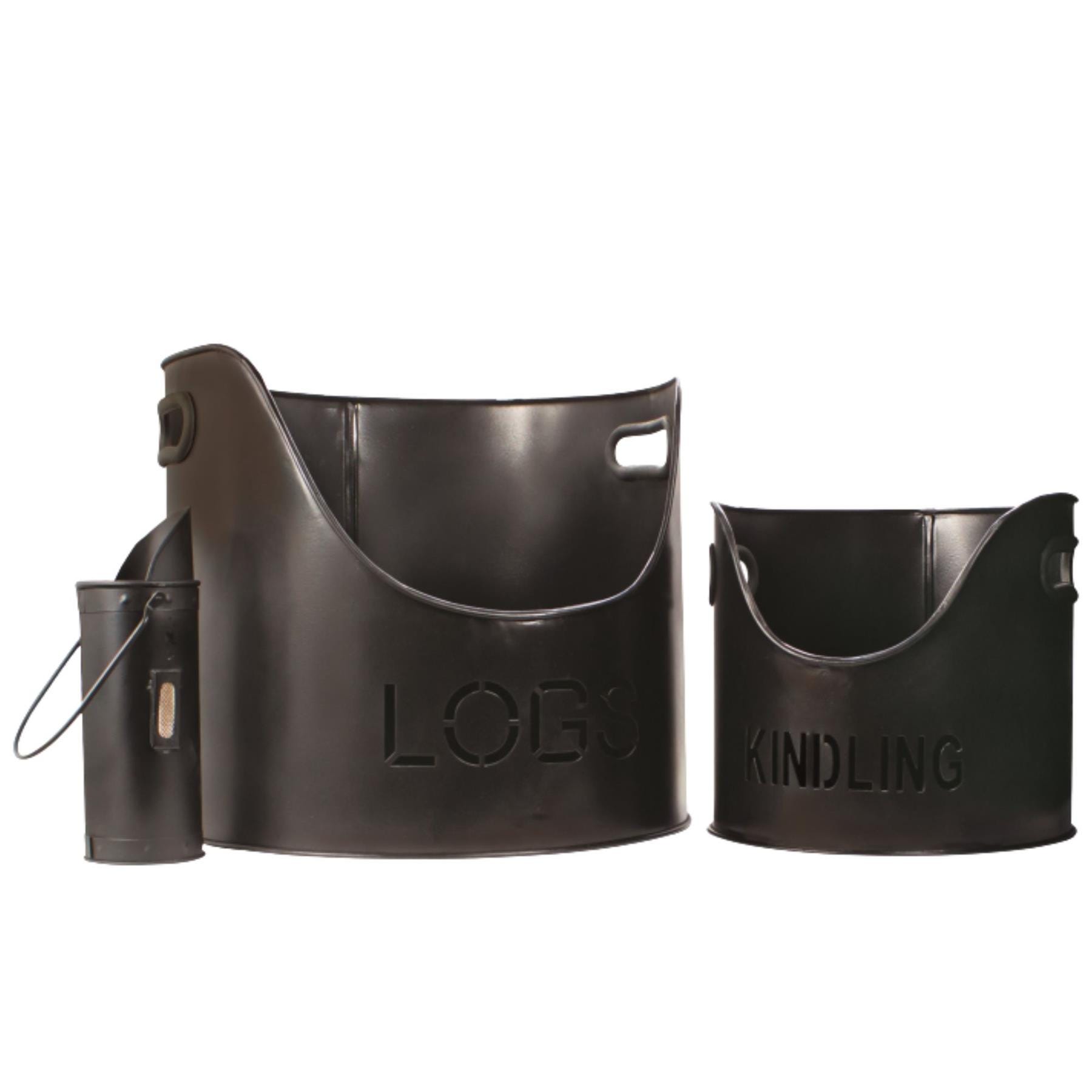 Blackspur 3 Piece Fireplace Log Basket, Kindling & Match Holder Set – Powder Coated Steel