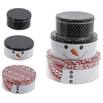 Snowman Cookie Jar Set of 3 I Round Metal Christmas Storage Tins for Biscuits and Treats