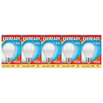 Eveready 5.5W E27 LED GLS Bulbs – Warm White 407 Lumens, 40W Equivalent, Pack of 5