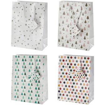 White Christmas Gift Bag 14cm – Assorted Festive Designs with Trees, Stars and Baubles