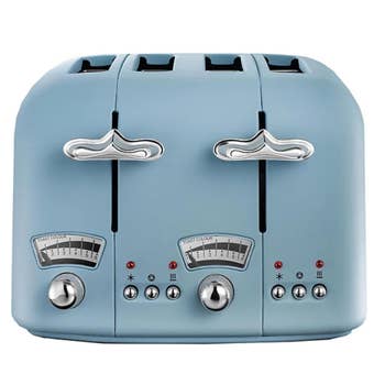 DeLonghi Argento Flora 4 Slice Toaster Blue Wide Slot Toaster with Defrost Function and 6 Browning Levels