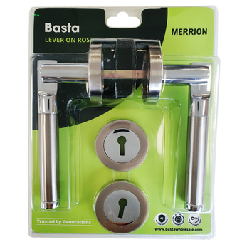 Basta Merrion Satin Chrome Lever Door Handle on Rose with Keyhole Escutcheon