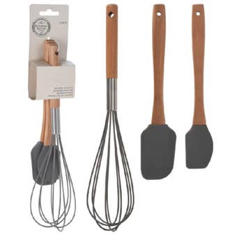 Acacia Wooden Kitchen Tool Set – Silicone Whisk and Spatulas with Wooden Handles I Pack of 3