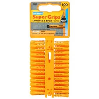 Plasplugs Super Grips Yellow Plastic Wall Plugs 4.5mm x 24.5mm Pack of 100 – Regular Duty Fixings for Brick and Concrete
