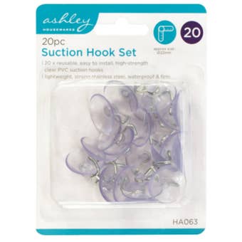 Ashley 20PC Suction Hook Set – Reusable Clear PVC Hooks with Stainless Steel Hangers