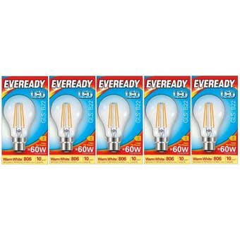 Eveready 6.5W B22 LED Clear Filament GLS Bulbs 806 Lumens Warm White Equivalent to 60W I Pack of 5