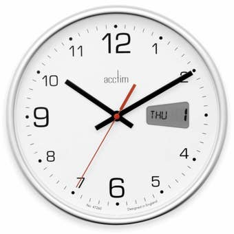Kalendar 27cm Sweep Wall Clock with Day and Date Display – Silent Non-Ticking Silver Wall Clock