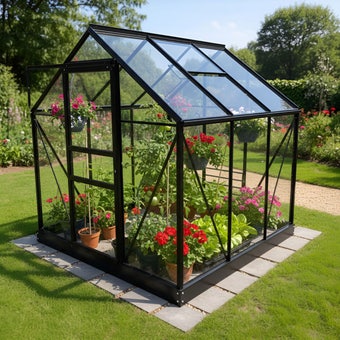 Vitavia Venus 3800 Greenhouse 6x6 Black | 3mm Horticultural Glass, Roof Vent, Sliding Door & Built-In Gutters