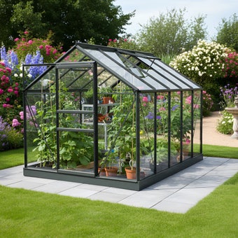 Vitavia Venus 7500 Greenhouse 6x12 Black | 3mm Horticultural Glass, 2 Roof Vents, & Sliding Door