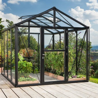 The 8ft x 15ft Black finish with 4mm float glass sides & 10mm polycarbonate roof