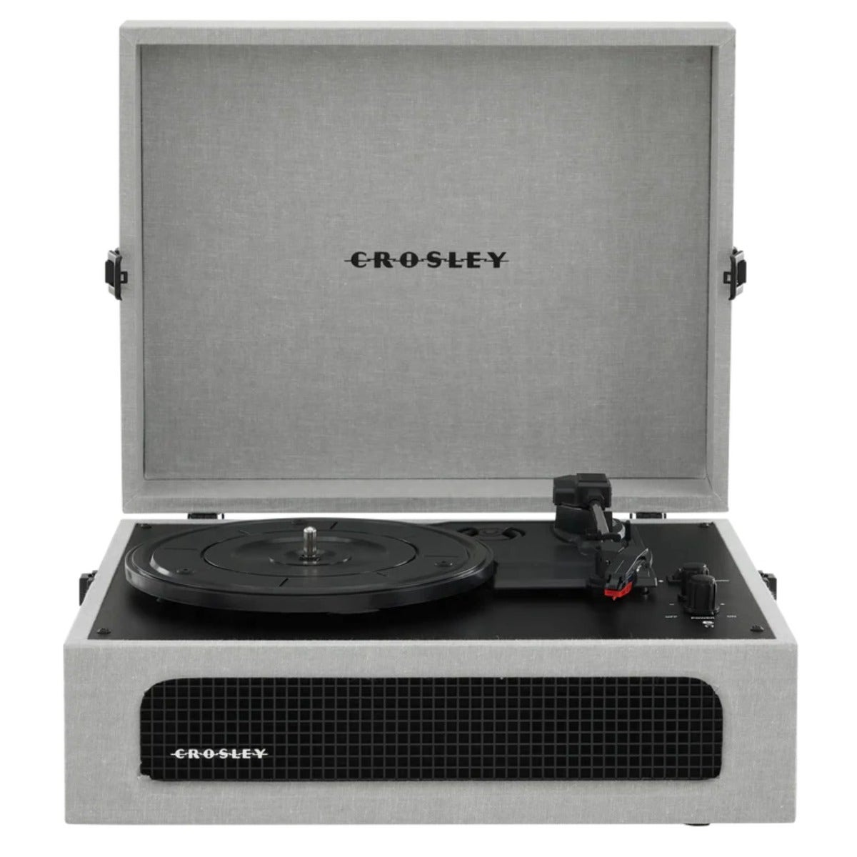 Voyager 2-Way Bluetooth Record Player in Grey with Built-In Stereo Speakers, 3-Speed Turntable, RCA Output, Aux-In, Pitch Control, Headphone Jack – Linen Finish