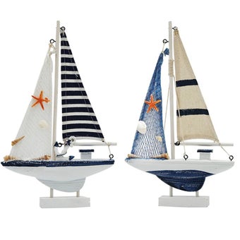 Wooden boat with blue and white sails - 18x4x29cm