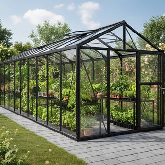 A Range of Zeus 15700 Greenhouse Black Frame with Tough Glass Sides & 10mm Polycarbonate Roof 8ft x 20ft | Semi-Professional Hobby Greenhouse At Lenehans with next day delivery nationwide